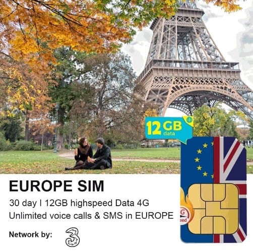 Europe Travel Sim 30 Days 12GB, Unlimited Calls