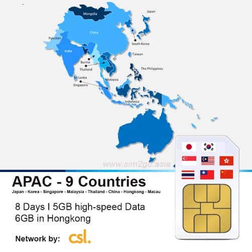 Asia Pacific Travel Sim 9 Countries 5GB